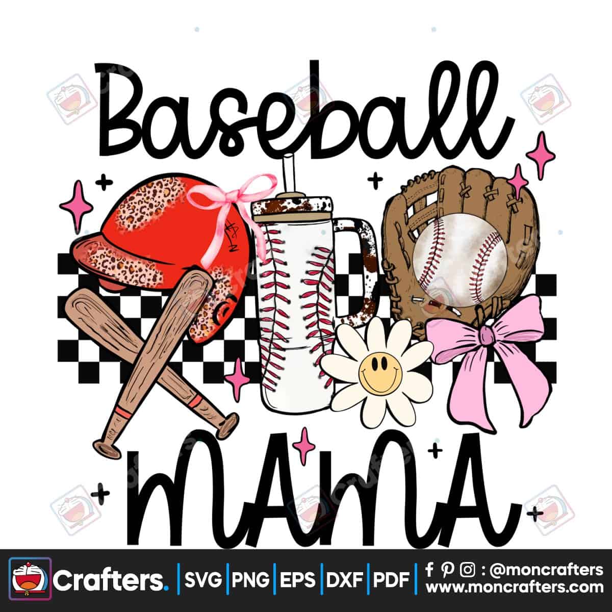 Baseball Mama Groovy Retro Checkered PNG Instant Download