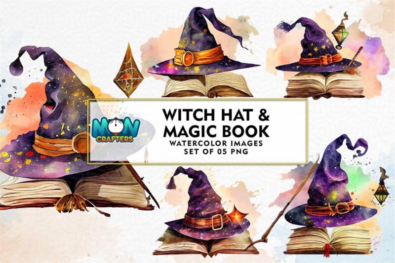 witch-hat-and-magic-book-watercolor