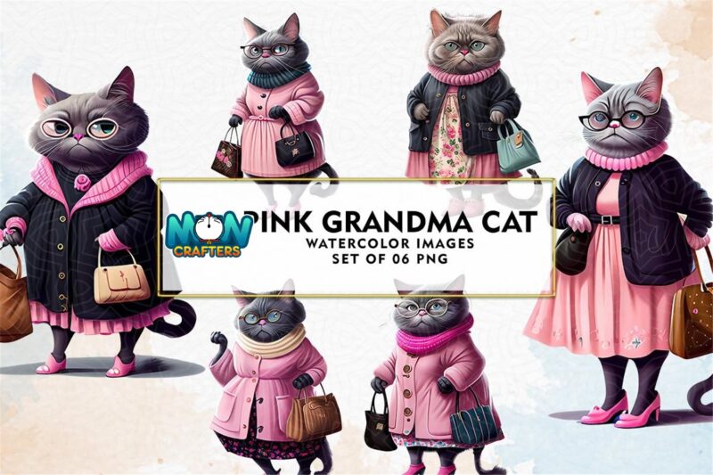 cute-pink-grandma-cat-watercolor-clipart