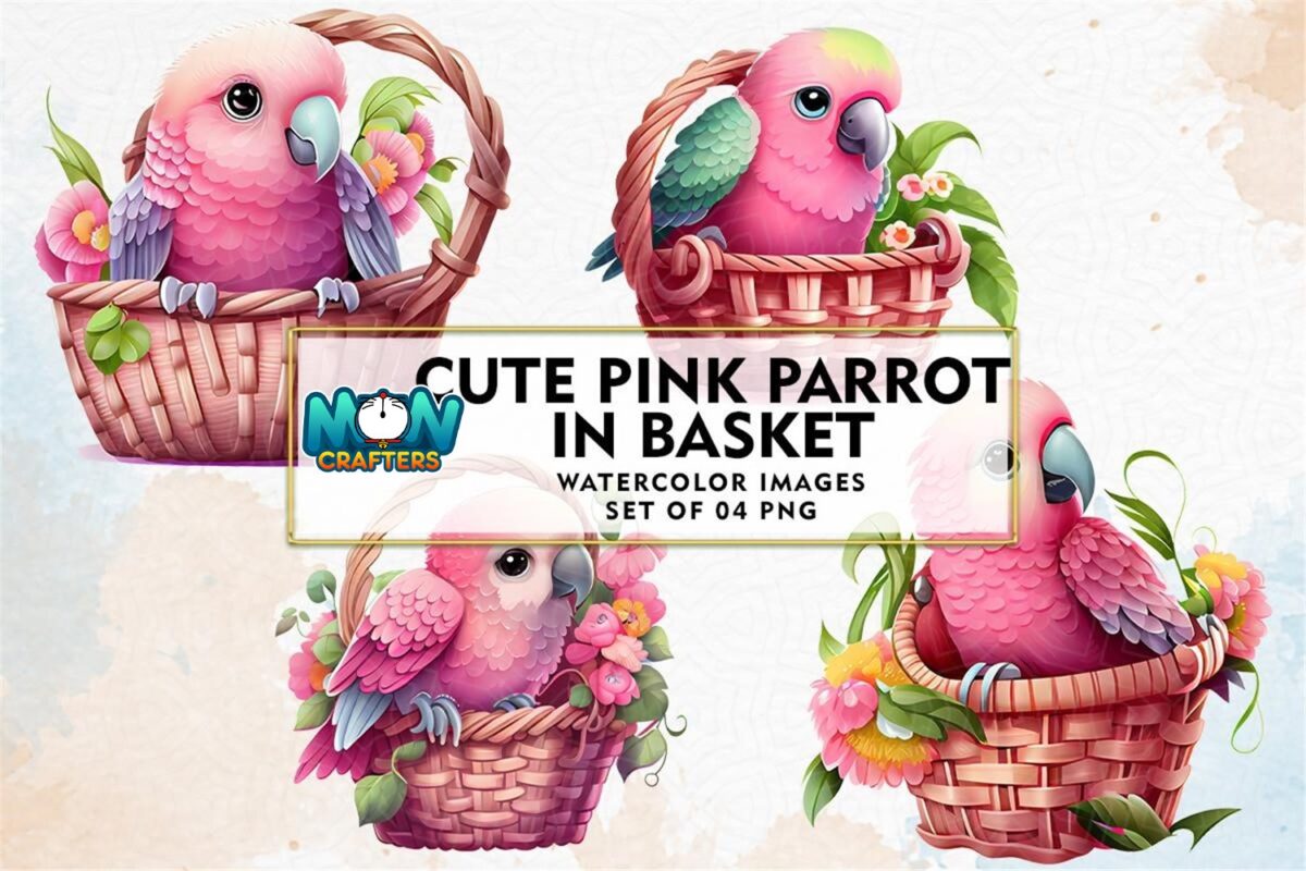 cute-pink-parrot-in-basket-watercolor