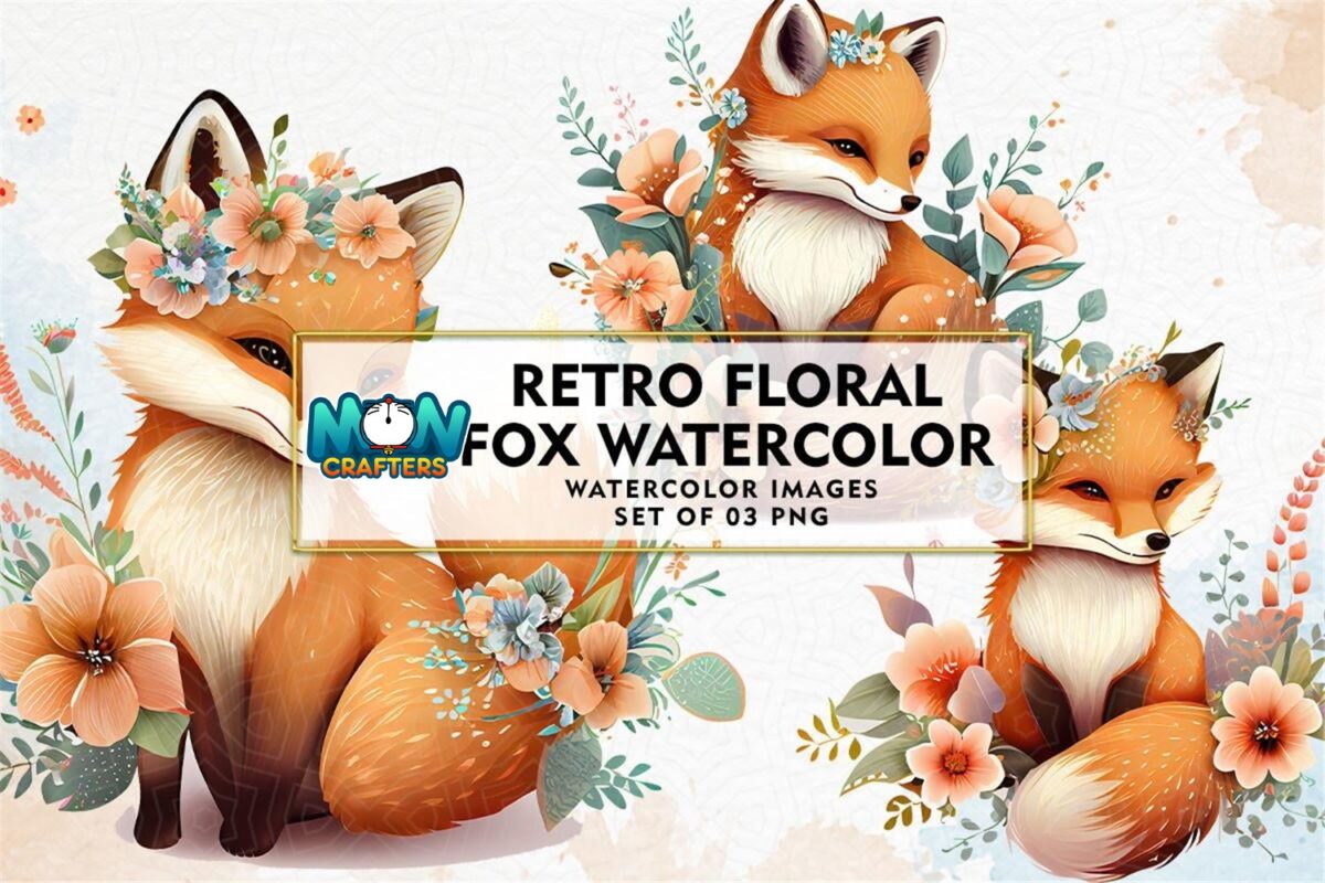 retro-floral-fox-watercolor-sublimation