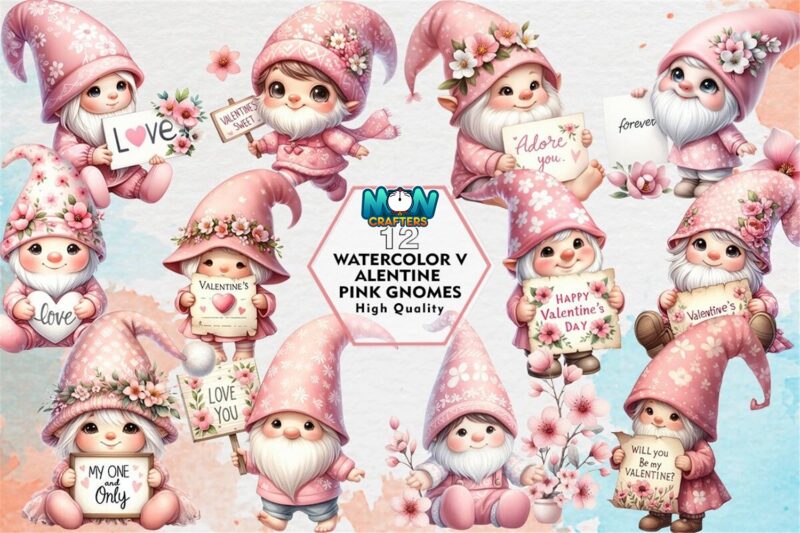 watercolor-valentine-pink-gnomes-clipart