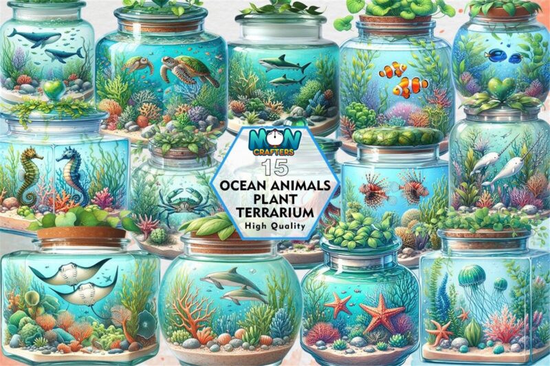 ocean-animals-plant-terrarium-clipart