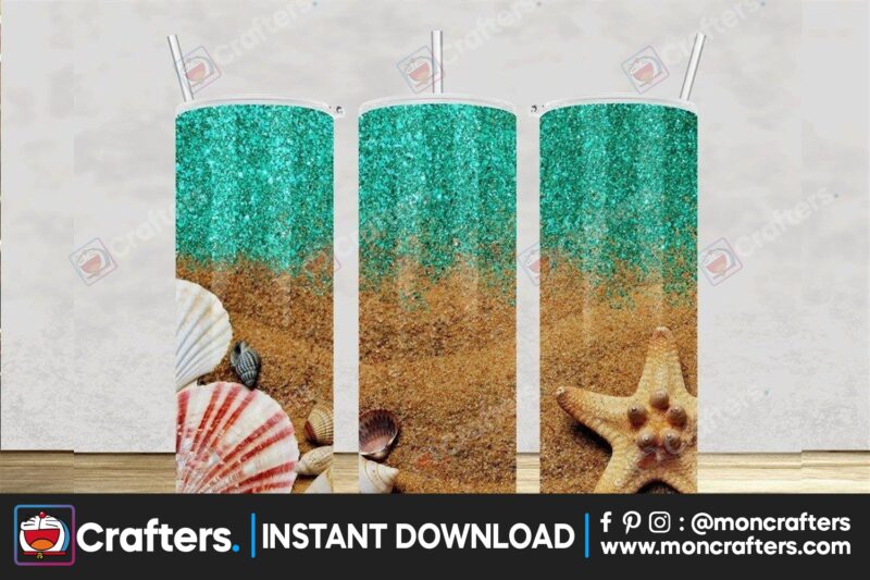 ocean-beach-teal-glitter-tumbler