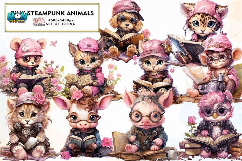 pink-steampunk-animals-watercolor