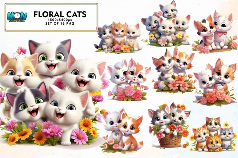 cute-3d-floral-cats-sublimation-clipart